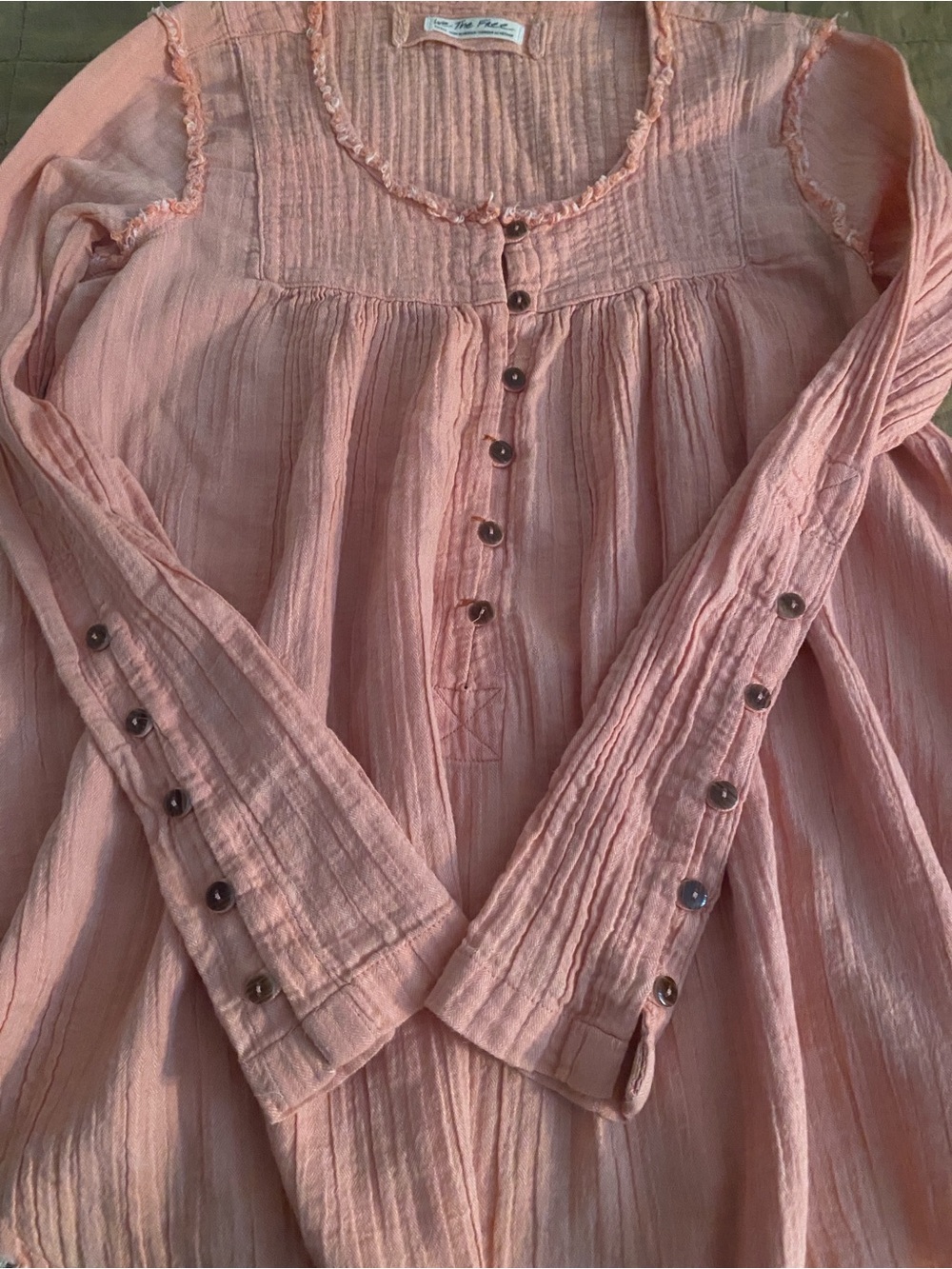 Free People Pale Pink Gauze Button-Front Peasant Top